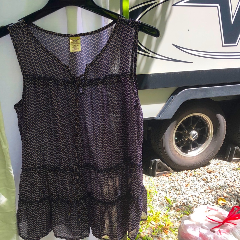 Navy blue with lt pink design , large, sheer, sleeveless see-through blouse.